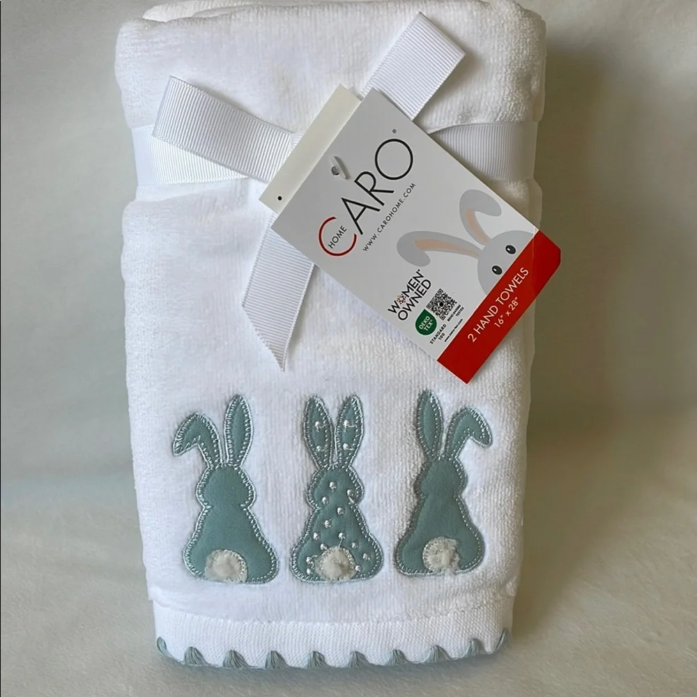CARO Home, 100% Cotton White and Blue/Green Bunny Back Hand Towels, Set of 2